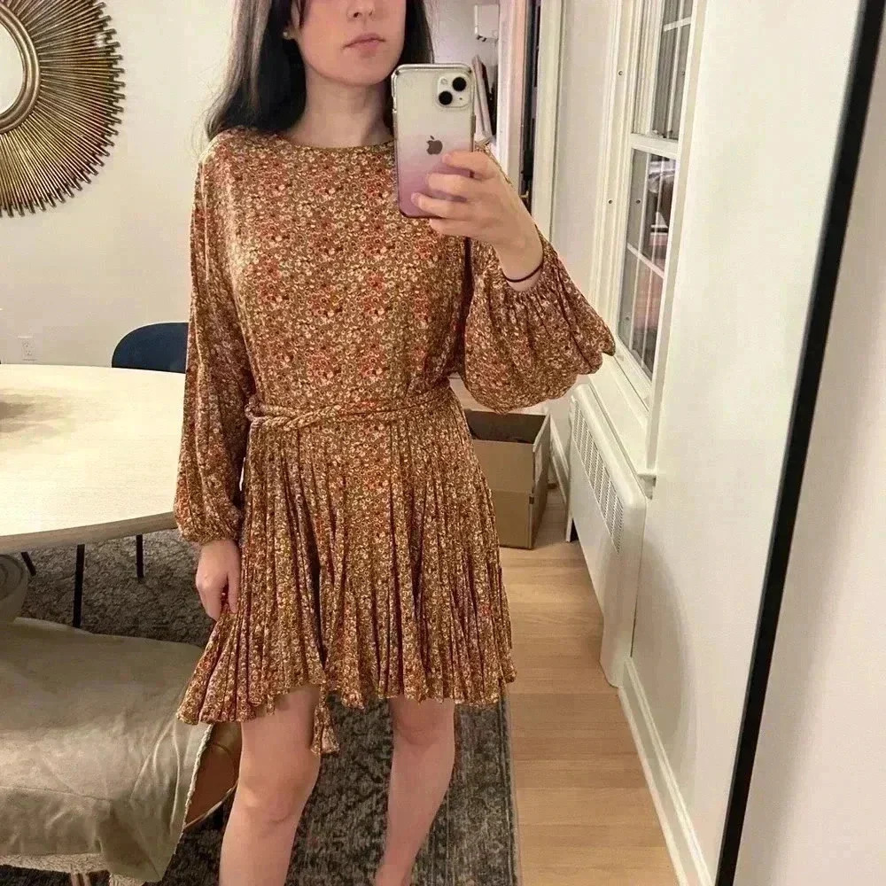 AURA Ballon Sleeve bat wing braided Belt flowy Boho floral fall mini dress S-M - Picture 6 of 15